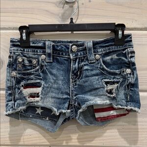 Miss Me Blue Distressed Jean Shorts with Star and Stripe Accents